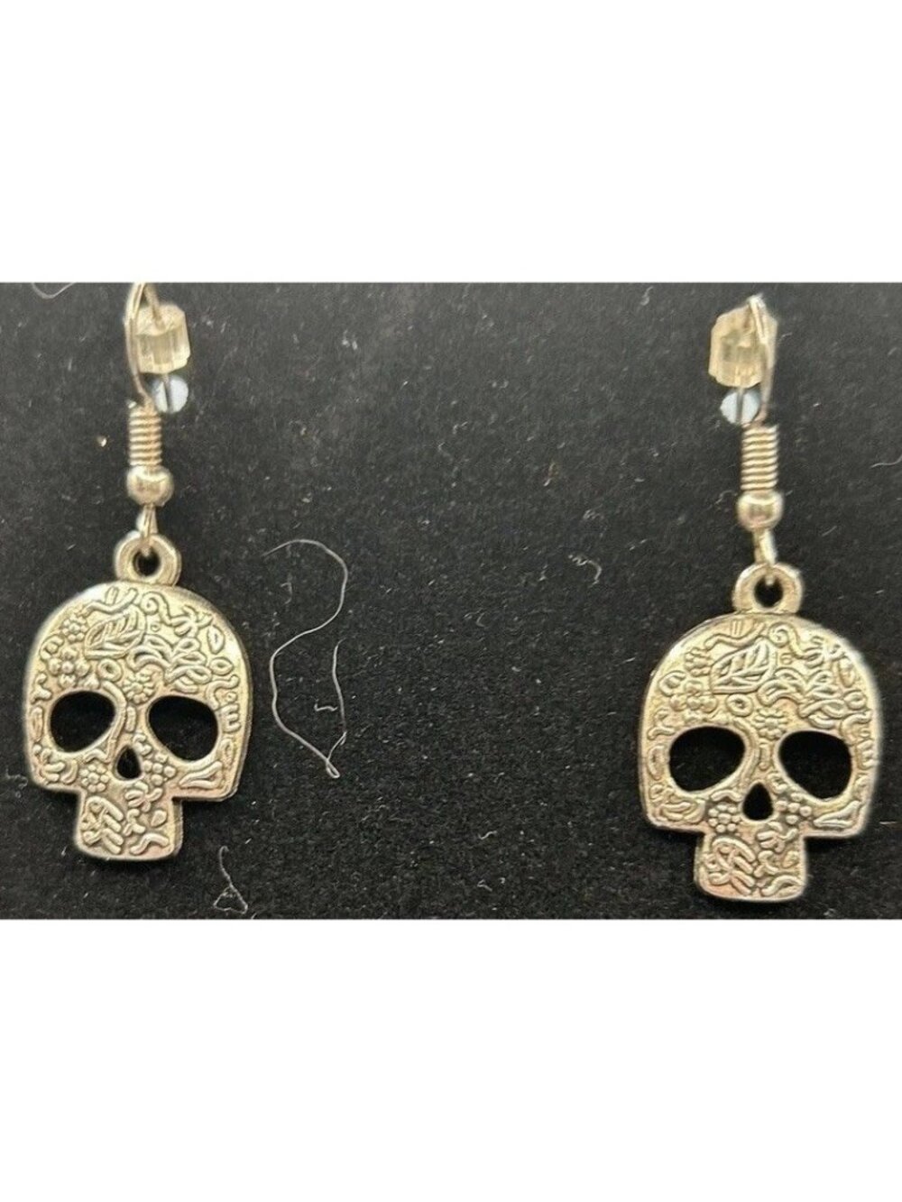 Skull Bone  Day Of The Dead Drop Silver Toned Dangle Etched Halloween Earrings